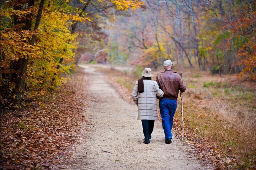 two elderly people waling in the trees
